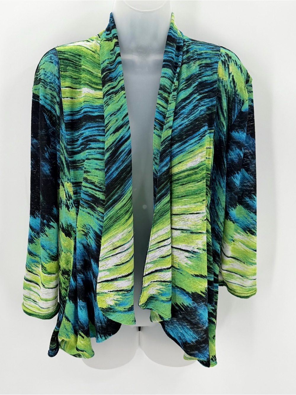 Peck & Peck Cardigan Sweater Women’s L Turquoise Green Marble Swirl Open 3/4 Slv